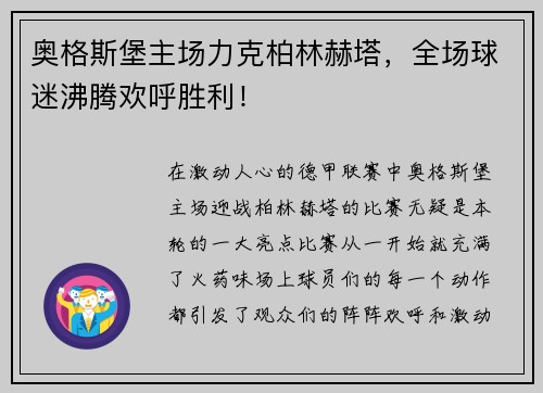 奥格斯堡主场力克柏林赫塔，全场球迷沸腾欢呼胜利！