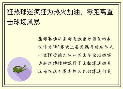 狂热球迷疯狂为热火加油，零距离直击球场风暴